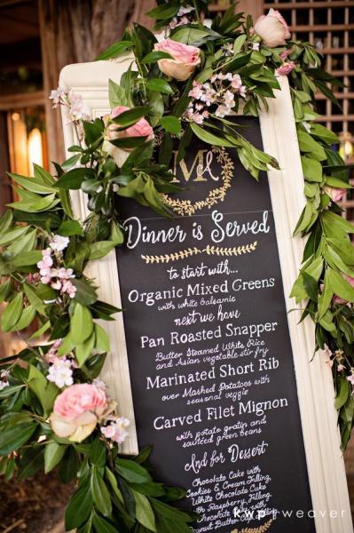 Florida and Carolina Garlands got together with the Pink Pelican Florist and created this wonderful menu for all the wedding guest to view on the way into the reception. Drape fresh garland over signs at your wedding or party and add a little more elegance.  Order now and have your fresh wedding garland delivered to your door.  Now shipping across the US.